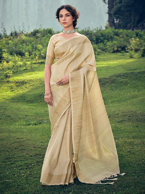 Rajwada Beige Linen Tissue Saree for Women With Unstitched Blouse