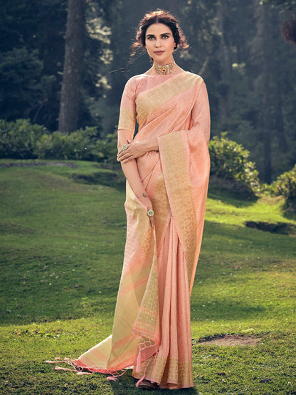 Rajwada Peach Linen Tissue Saree for Women With Unstitched Blouse