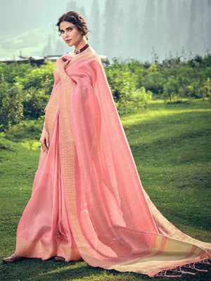 Rajwada Pink Linen Tissue Saree for Women With Unstitched Blouse