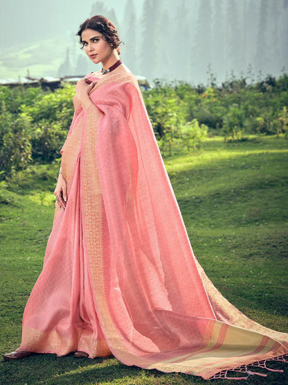 Rajwada Pink Linen Tissue Saree for Women With Unstitched Blouse