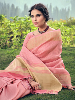 Rajwada Pink Linen Tissue Saree for Women With Unstitched Blouse