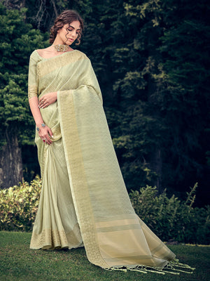 Rajwada Light Green Linen Tissue Saree for Women With Unstitched Blouse