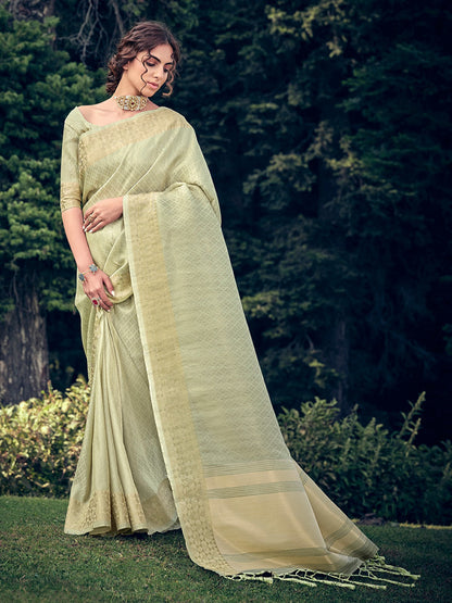 Rajwada Light Green Linen Tissue Saree for Women With Unstitched Blouse