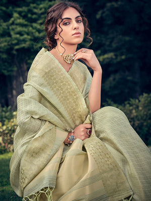 Rajwada Light Green Linen Tissue Saree for Women With Unstitched Blouse