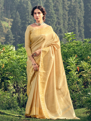 Rajwada Women Gold Linen Woven Saree With Unstitched Blouse