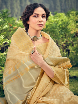 Rajwada Women Gold Linen Woven Saree With Unstitched Blouse