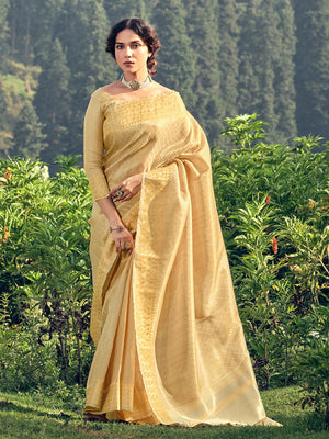 Rajwada Yellow Linen Tissue Saree for Women With Unstitched Blouse