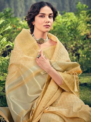Rajwada Yellow Linen Tissue Saree for Women With Unstitched Blouse