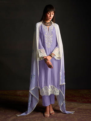 Rajwada Purple Cotton Blend  Embroidered Semi-Stitched Kurta Set For Women
