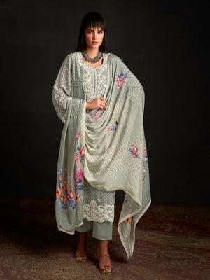 Rajwada Olive Cotton Blend  Embroidered Semi-Stitched Kurta Set For Women