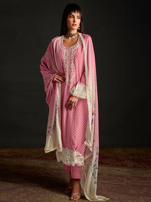 Rajwada Pink Cotton Blend  Embroidered Semi-Stitched Kurta Set For Women