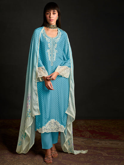 Rajwada Blue Cotton Blend  Embroidered Semi-Stitched Kurta Set For Women