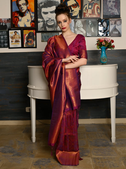 Rajwada Women Festive Purple Silk Blend Woven Saree With Unstitched Blouse