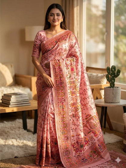 Rajwada Light Pink Silk Blend Woven Saree For Women