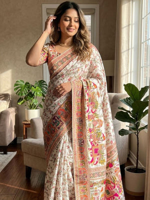 Rajwada White Silk Blend Woven Saree For Women