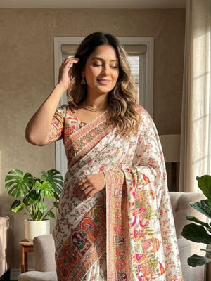 Rajwada White Silk Blend Woven Saree For Women