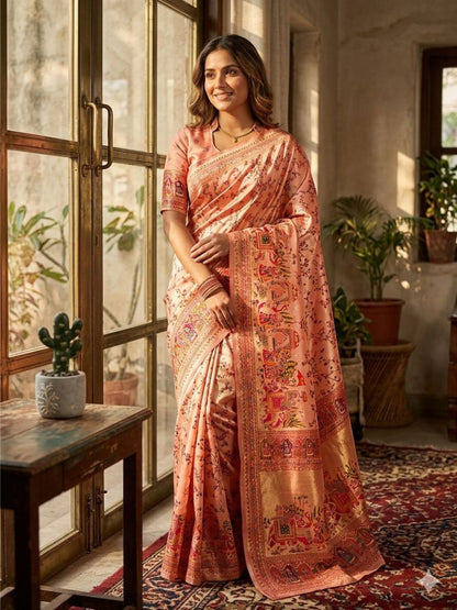 Rajwada Peach Silk Blend Woven Saree For Women