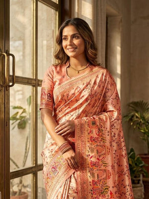 Rajwada Peach Silk Blend Woven Saree For Women