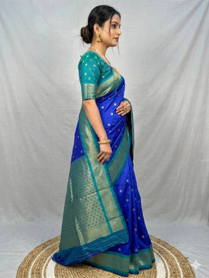 Rajwada Royal  Blue Silk Blend Woven Saree For Women