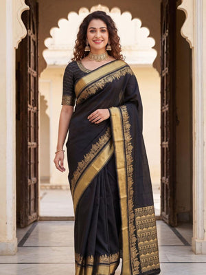 Rajwada Black Silk Blend Woven Saree For Women