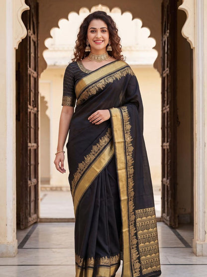 Rajwada Black Silk Blend Woven Saree For Women