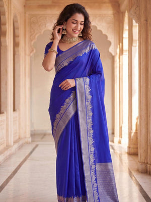 Rajwada Blue Silk Blend Woven Saree For Women