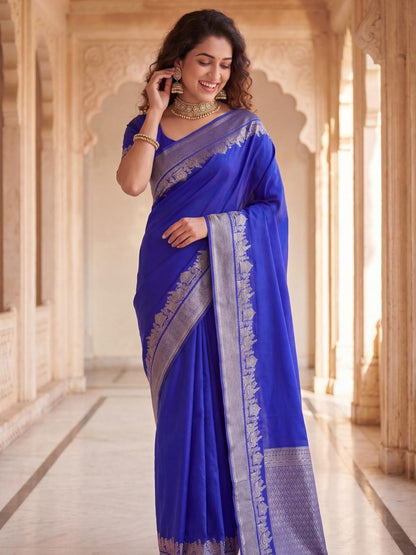 Rajwada Blue Silk Blend Woven Saree For Women