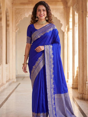 Rajwada Blue Silk Blend Woven Saree For Women