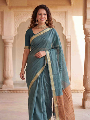 Rajwada Dusty Blue Cotton Blend Woven Saree For Women