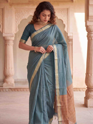 Rajwada Dusty Blue Cotton Blend Woven Saree For Women