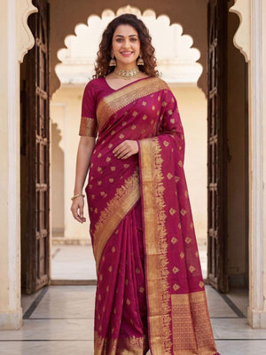 Rajwada Maroon Silk Blend Woven Saree For Women
