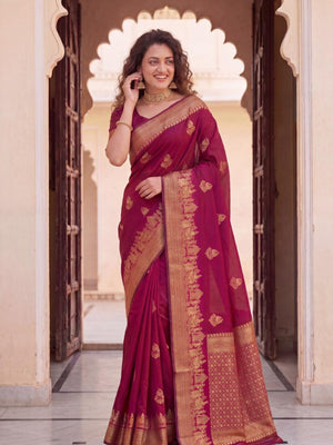 Rajwada Maroon Silk Blend Woven Saree For Women