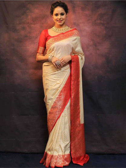 Rajwada Cream Silk Blend Woven Saree For Women