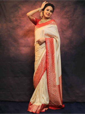 Rajwada Cream Silk Blend Woven Saree For Women