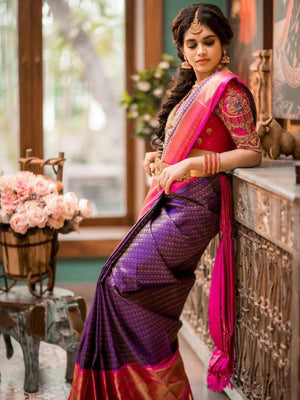 Rajwada Violet Silk Blend Woven Saree For Women
