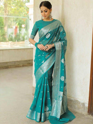Rajwada Teal Blue Silk Blend Woven Saree For Women