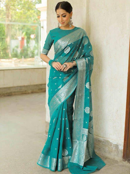 Rajwada Teal Blue Silk Blend Woven Saree For Women