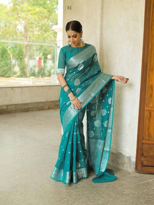 Rajwada Teal Blue Silk Blend Woven Saree For Women