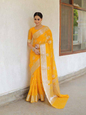 Rajwada Yellow Silk Blend Woven Saree For Women