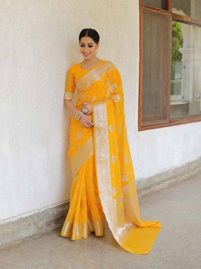 Rajwada Yellow Silk Blend Woven Saree For Women