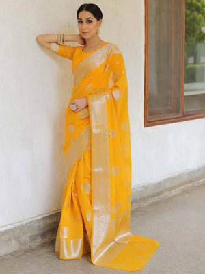 Rajwada Yellow Silk Blend Woven Saree For Women