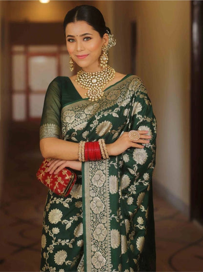 Rajwada Dark Green Silk Blend Woven Saree For Women