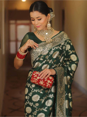 Rajwada Dark Green Silk Blend Woven Saree For Women