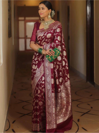 Rajwada Maroon Silk Blend Woven Saree For Women