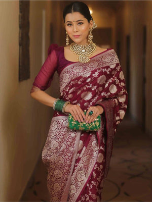 Rajwada Maroon Silk Blend Woven Saree For Women