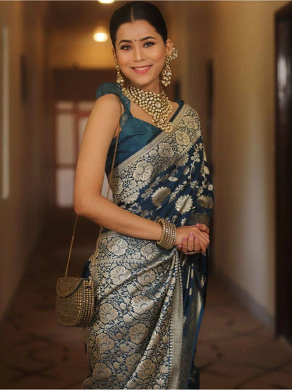 Rajwada Navy Blue Silk Blend Woven Saree For Women