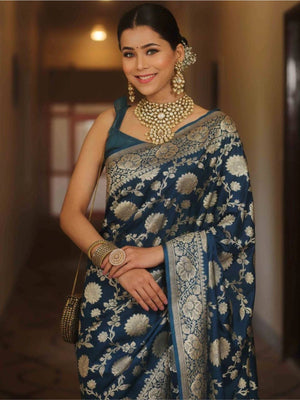 Rajwada Navy Blue Silk Blend Woven Saree For Women