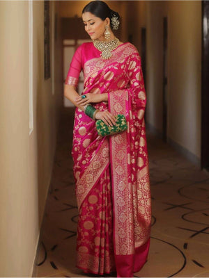 Rajwada Pink Silk Blend Woven Saree For Women