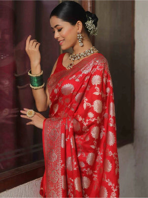 Rajwada Red Silk Blend Woven Saree For Women