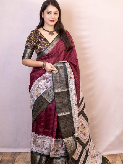 Rajwada Maroon Silk Blend Woven Saree For Women